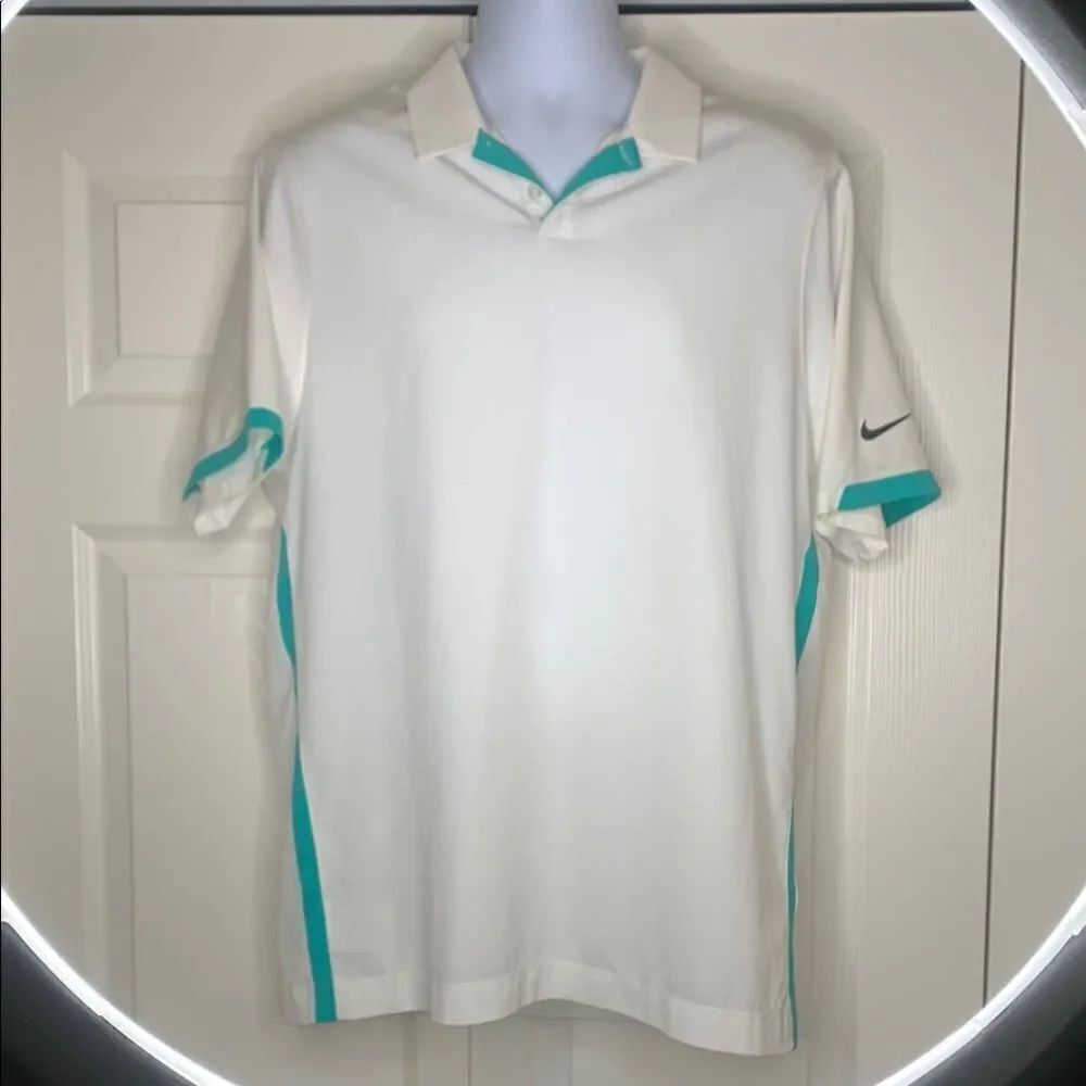 Nike GOLF TOUR PERFORMANCE, Men's White and Teal Polo Shirt, large